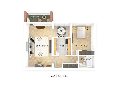 Floor plan for 1 bed, 1 bath, 751 sqft